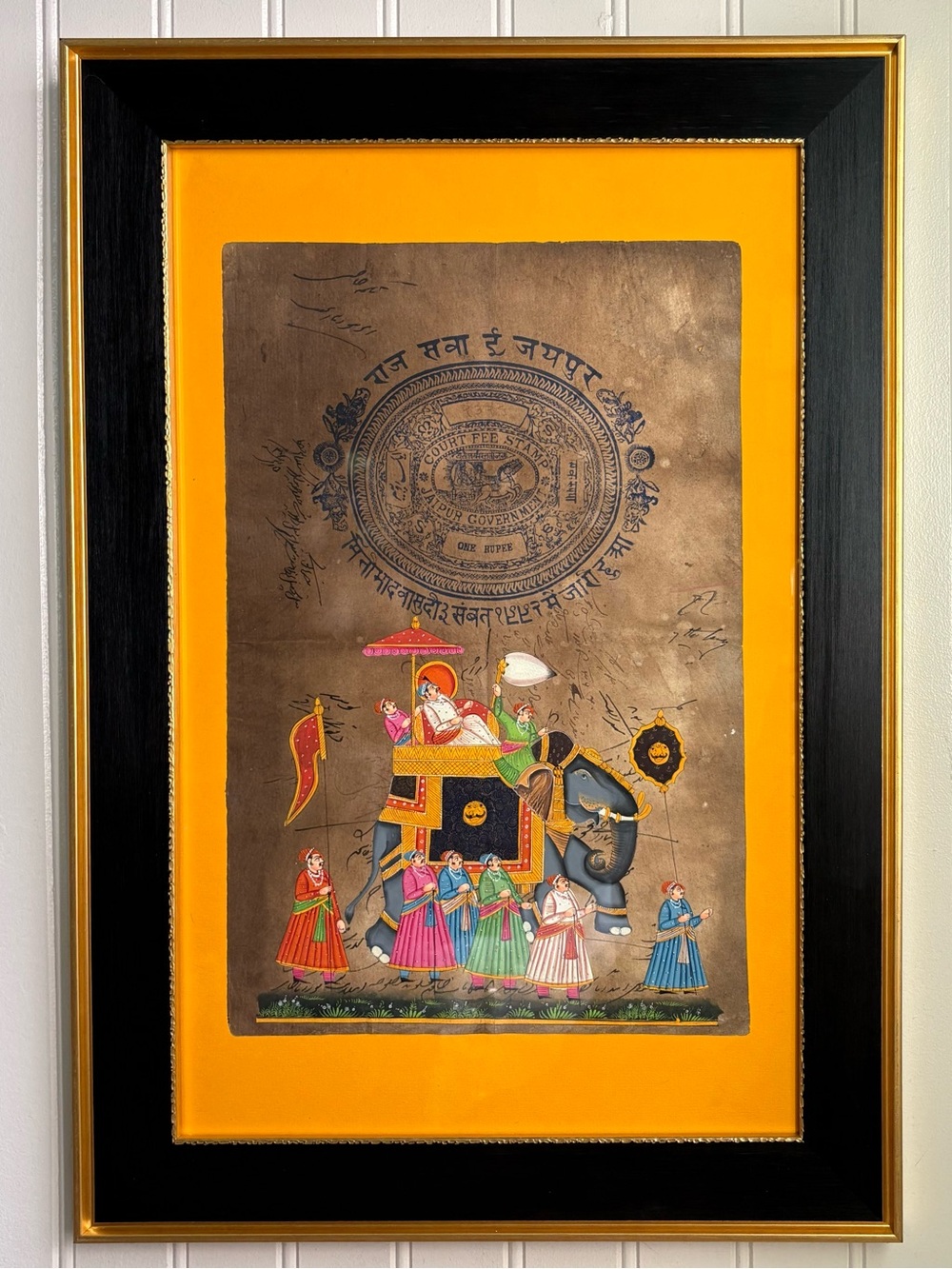 Indian Royal Procession Original Painting on Vintage Paper Gold & Brown Framed